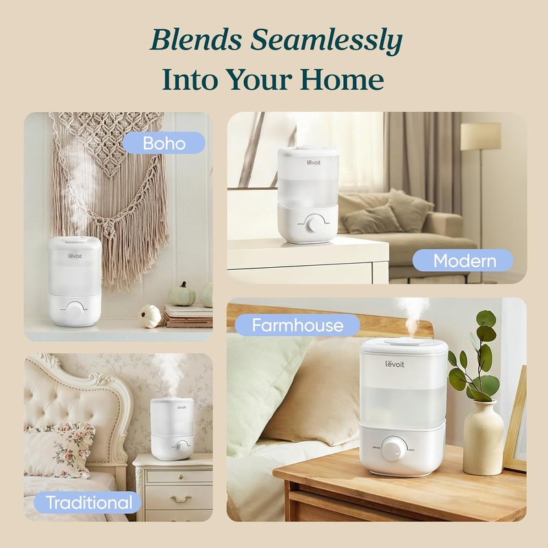 LEVOIT Top Fill Humidifier - 2.5L Quiet Cool Mist for Large Rooms | Easy to Clean, Auto Shut-Off, Ideal for Baby Nursery & Plants