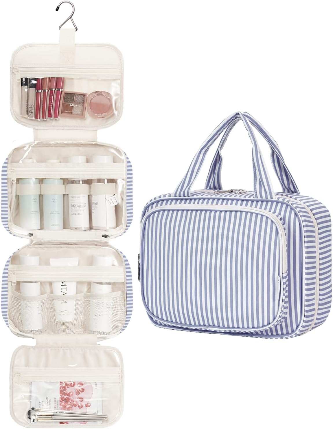 Narwey Hanging Toiletry Bag for Women - Travel Makeup Organizer | Medium Greyish Blue Stripe