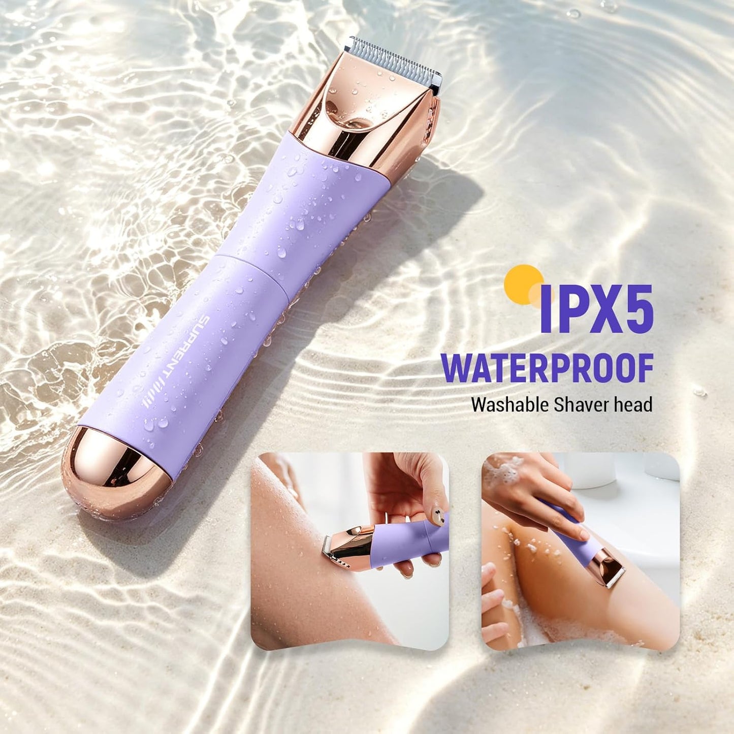 Waterproof Bikini Trimmer for Women - 2 in 1 Electric Shaver | Cordless USB-C Rechargeable Razor for Pubic & Facial Hair, Purple