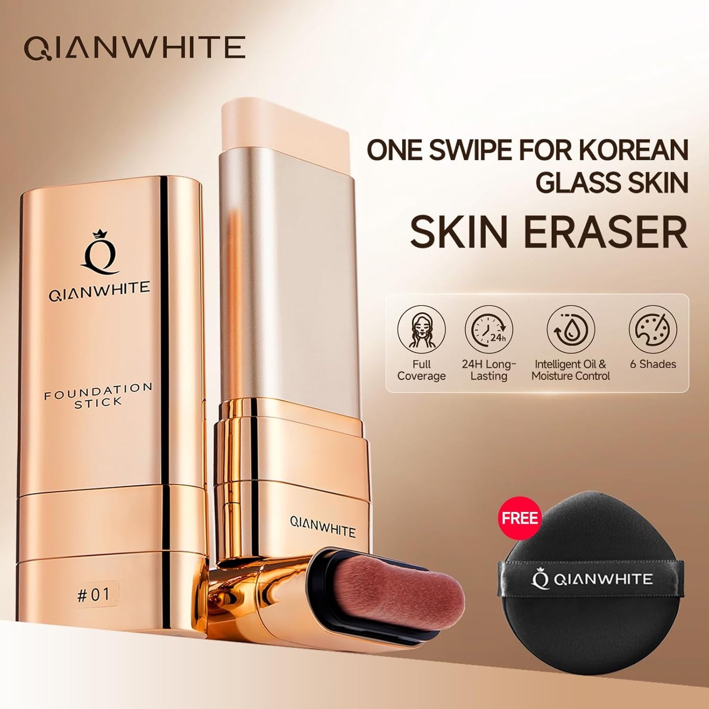 Foundation Stick for Mature Skin - Buildable Light to Full Coverage Makeup | Dual-Ended with Brush - Natural Dewy Finish (Chocolate)