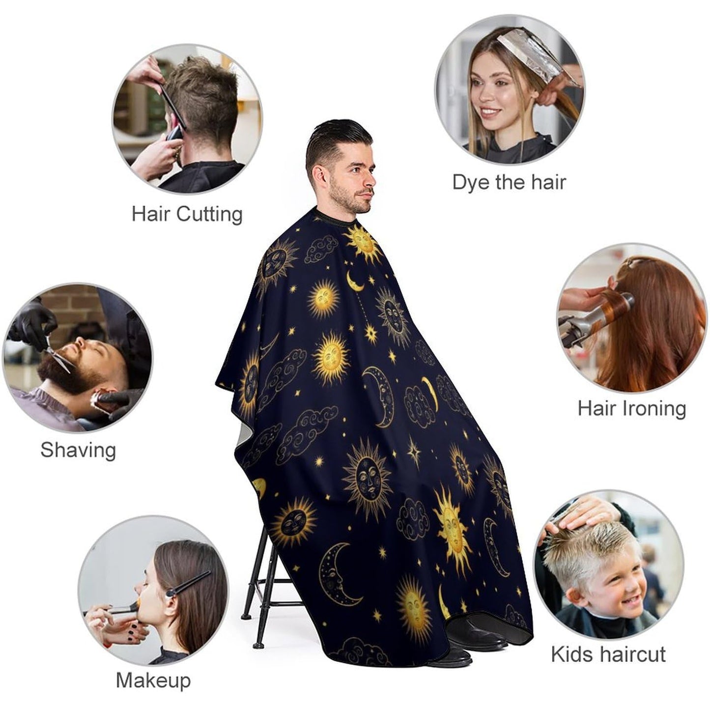Fashion Salon Barber Cape Professional Hair Cutting Cape with Adjustable Snap Closure Sun Moon Boho Astrology