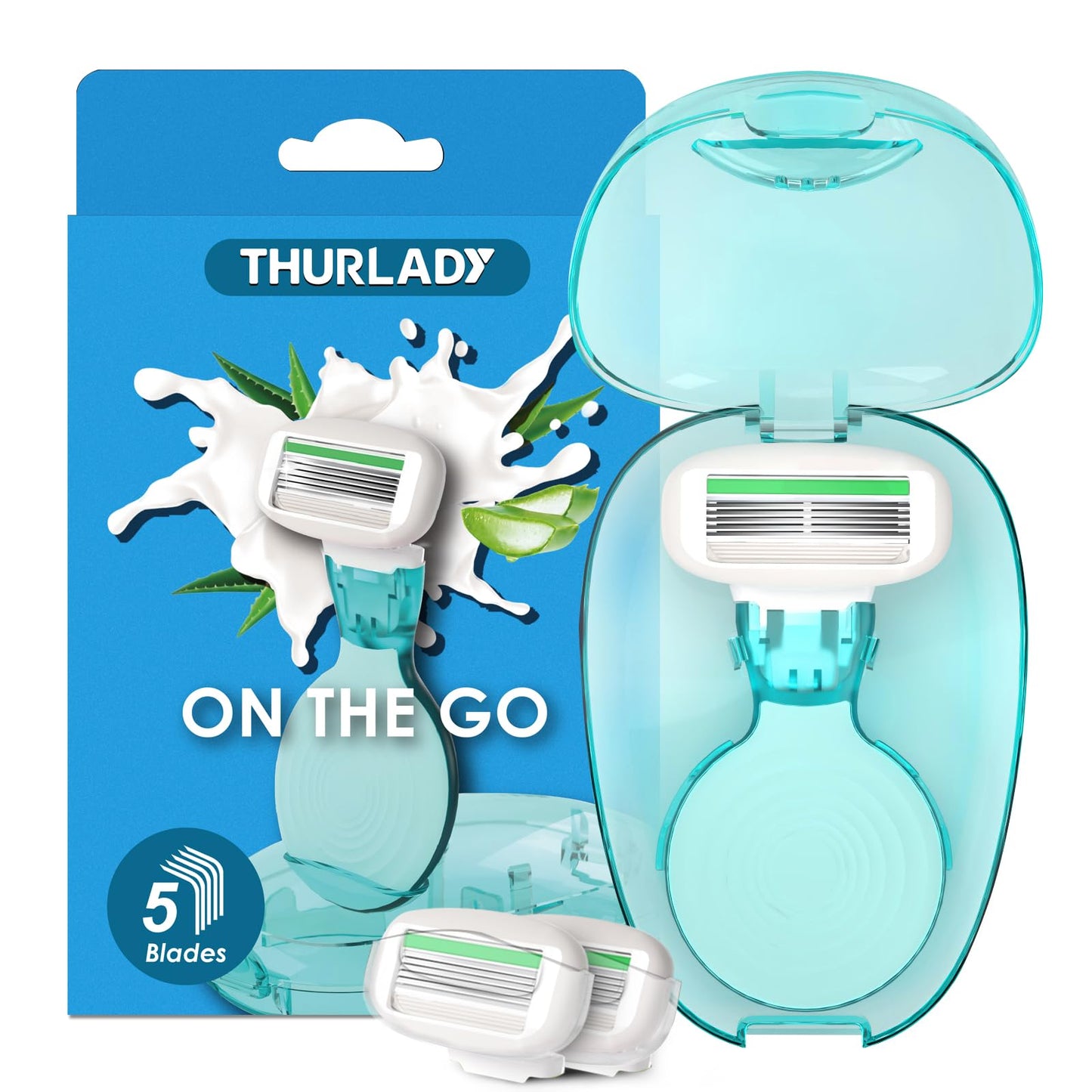 THURLADY Travel Essentials Razors for Women, 5-Blade Womens Razors for Shaving, Travel Size Toiletries Women Razor Kit, Includes 1 Mini Handle with 3 Refills & 1 Case, Extra Smooth Shave (Ocean Blue)