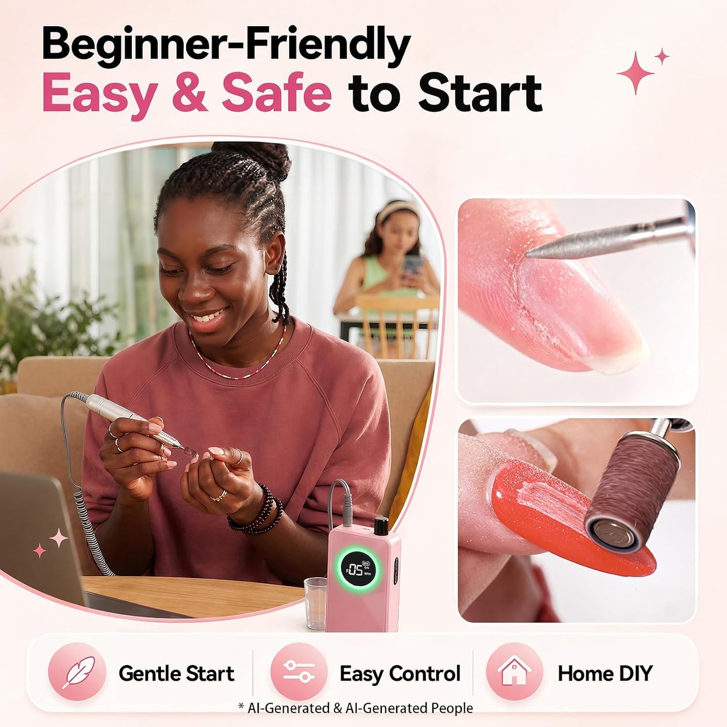 Cordless Nail Drill - Easy & Safe Electric Nail File for Beginners | Low Vibration, LCD Control, Gel Removal & Nail Care