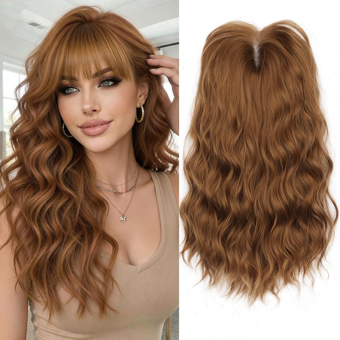 Hair Topper for Women - Clip-In Synthetic Hairpiece for Thinning Hair | 18-Inch Wavy Curly with Bangs