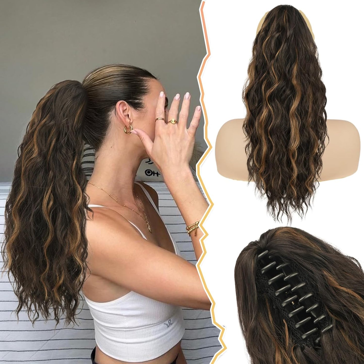 Ponytail Hair Extensions - 12 Inch Claw Clip Dark Brown Curly Wavy Ponytail for Women
