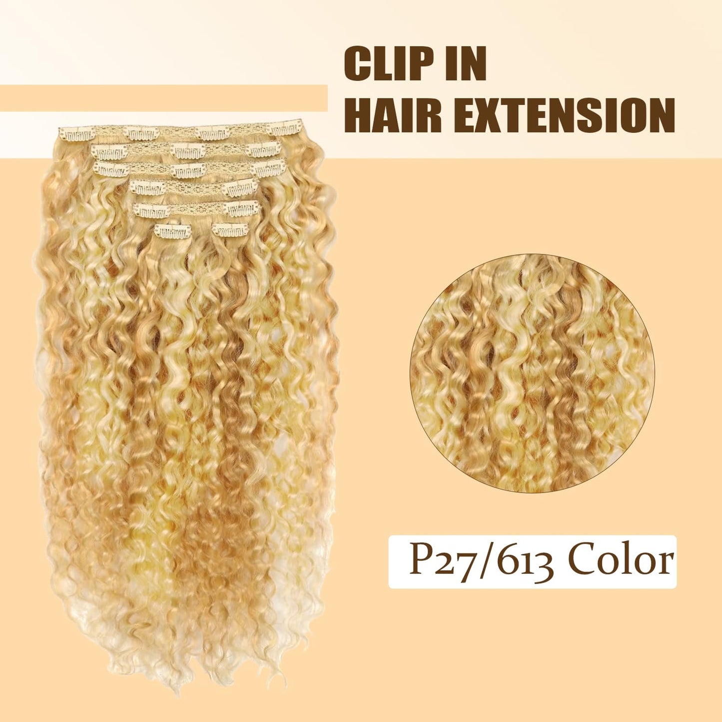 P27613 Blonde Clip in Hair Extensions Real Human Hair, 28 Inch 120g/7Pcs,Full Shine Remy Human Hair,Highlight Blonde Deep Wave Clip ins Brazilian Virgin Human Hair Extensions