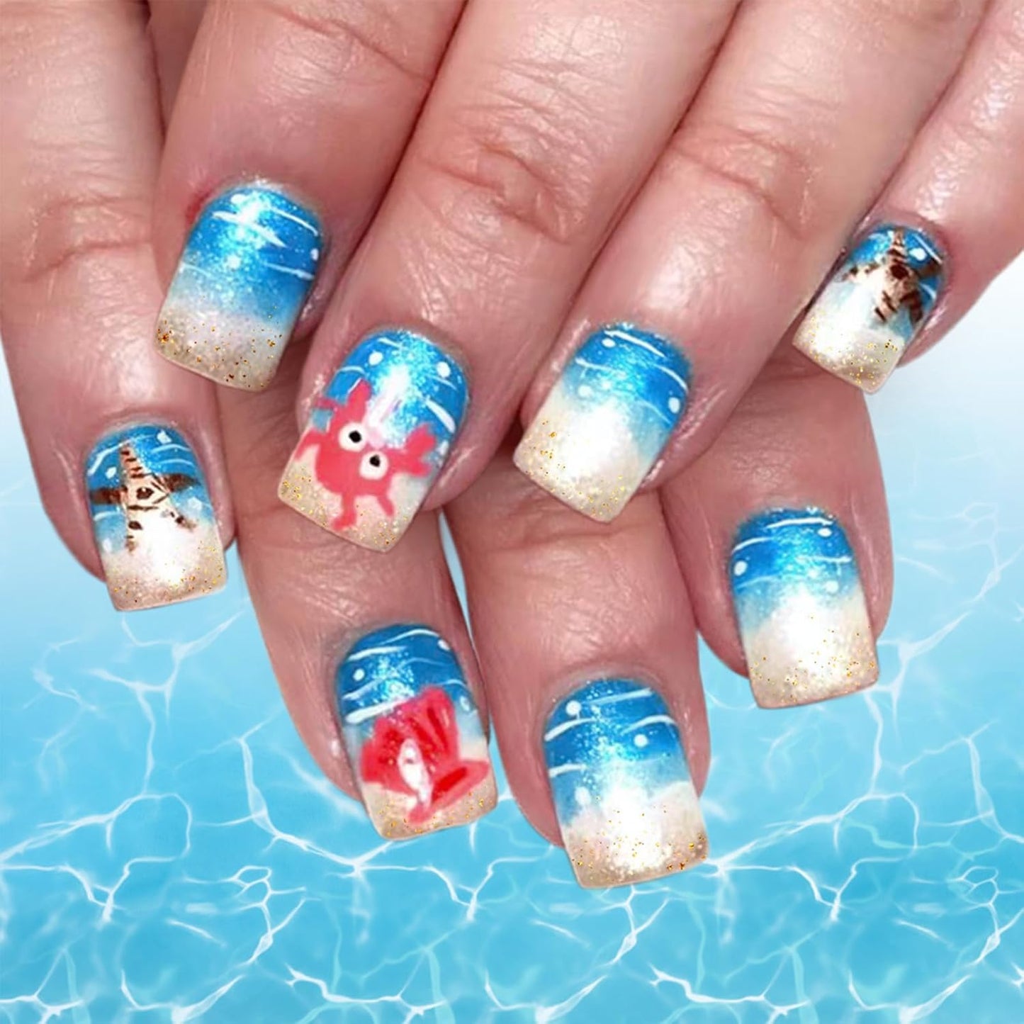Press On Nails - Short Square Blue Wave Glitter Design | 24 Pcs Glossy Reusable Artificial Nails for Summer