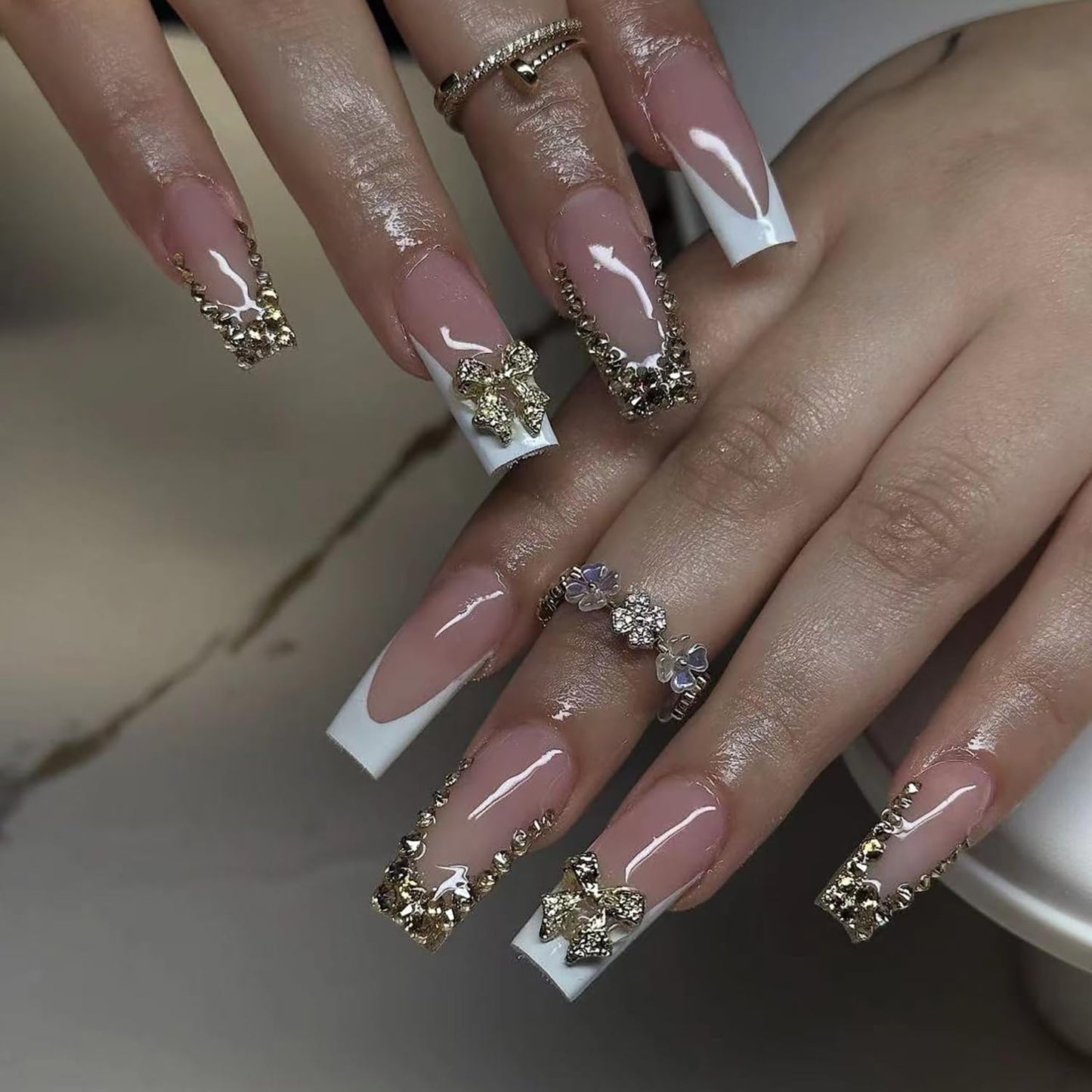 French Tip Press-On Nails - Short Square Floral Design with 3D Rhinestones | 24 Pcs Glossy Acrylic Set