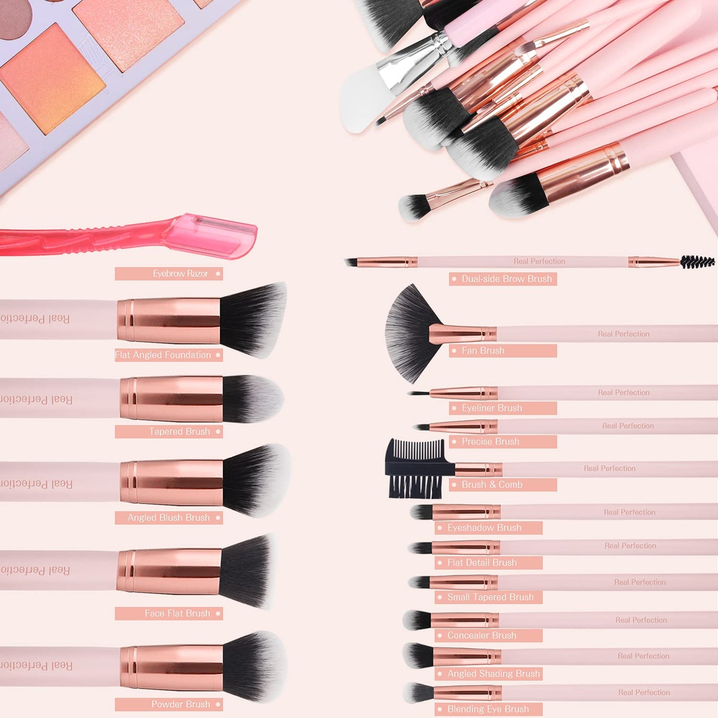 Real Perfection Makeup Brush Set - 16 Premium Synthetic Brushes for Foundation, Eyeshadow & Blush | Pink
