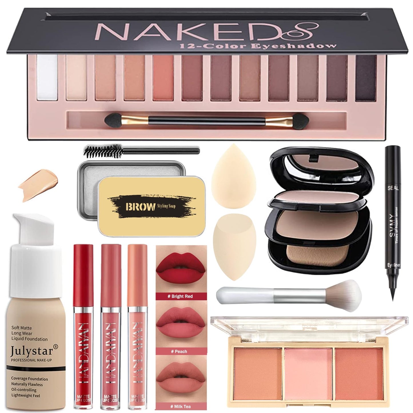 Qiong All in One Makeup Kit Full 12 Colors Naked Eyeshadow,2 Color Compact Powder,Liquid Foundation,Lipsticks, Blush,Eyebrow Soap,Winged Eyeliner Stamp,Makeup Gift Set for Women, Teens & Girls(Naked)