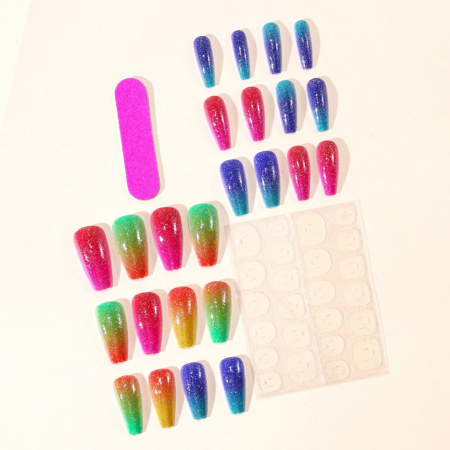 Rainbow Ombre Press on Nails Medium Coffin Fake Nails Colorful Gradient False Nails with Glitter Designs, 24Pcs Glossy Reusable Full Cover Stick on Nails for Women Summer Manicure