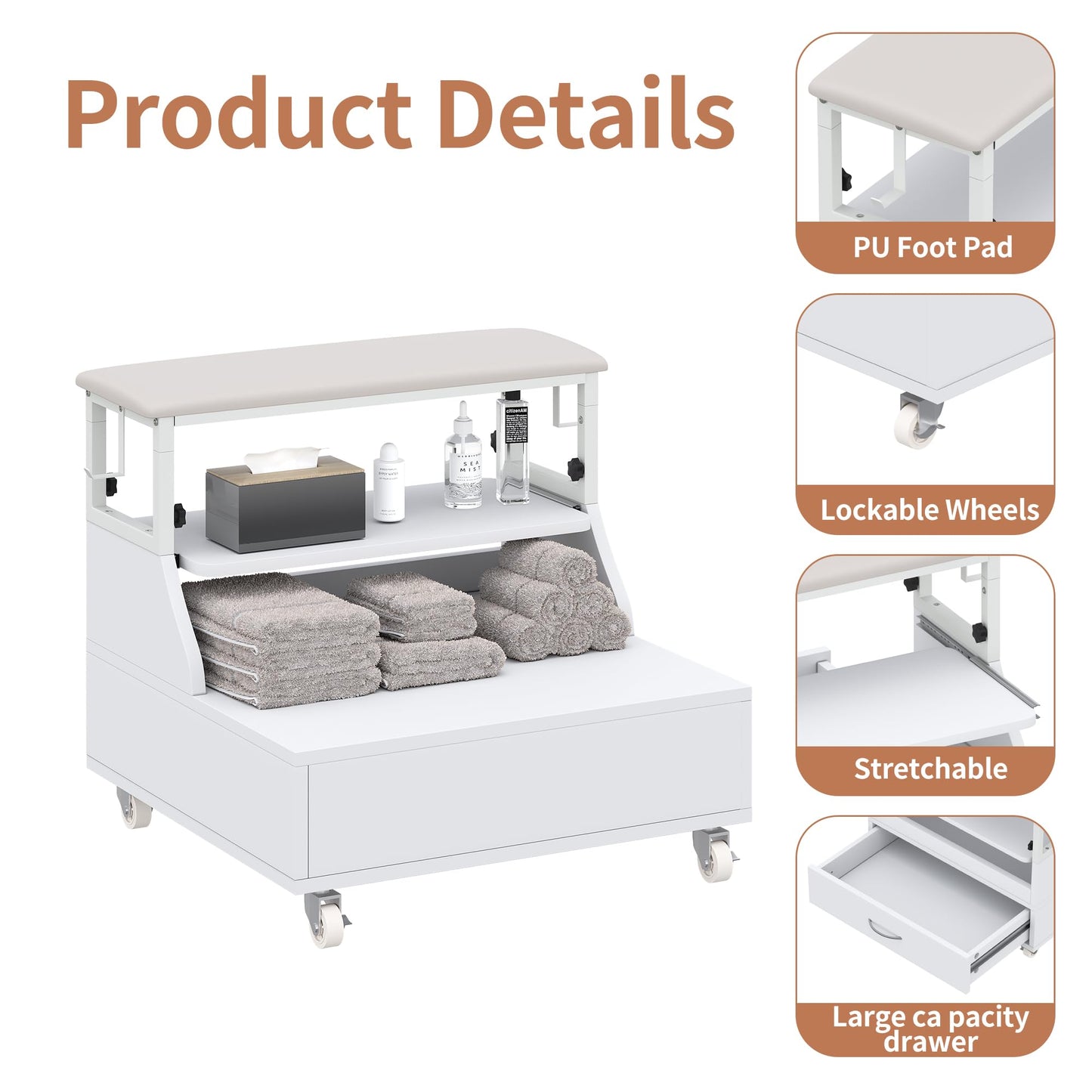 Pedicure Foot Rest with Wheels, Portable Pedicure Stool Adjustable 2-Level Height, Mobile Pedicure Cart Trolley for Foot Bath, Spa Cart, Manicure Furniture for Beauty Salon or Spa, Massage Station