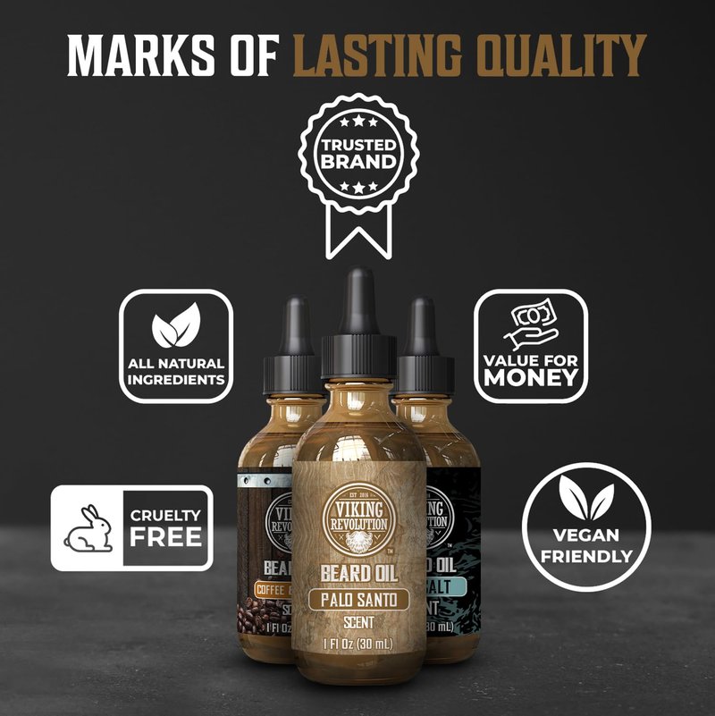 Viking Revolution Beard Oil for Men 3 Pack - Natural Mens Beard Oil Variety Set - Coffee & Whiskey, Palo Santo, Sea Salt Scents - Beard Conditioning and Moisturizing for a Healthy Beard (3 Pack, 1oz)