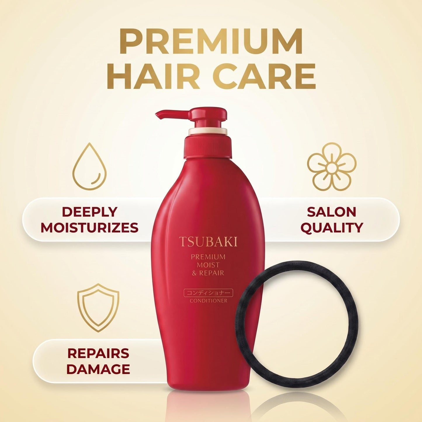 TJ SIGNATURE TSUBAKI Premium Moist & Repair Conditioner - 0-Second Salon Hair Treatment with Red Camellia Oil for Dry, Damaged & Frizzy Hair - Includes Exclusive Hair Tie - 490ml (16.6 fl oz)