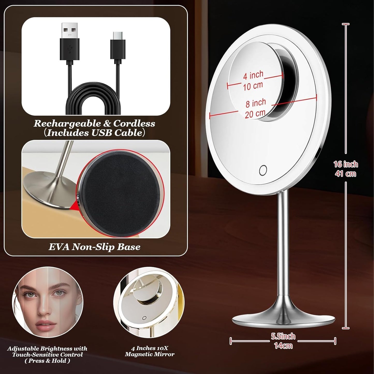 Vanity Makeup Mirror with Lights - 9-Inch, 5X & 10X Magnification, Rechargeable, Touch Dimming, Adjustable Angle