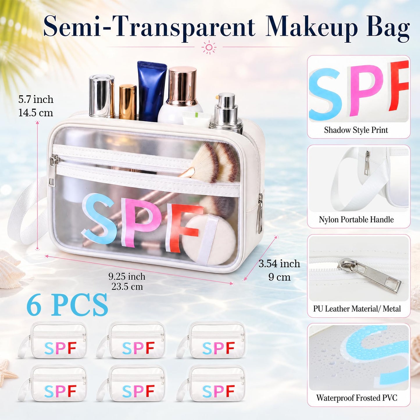 SilTriangle 6 Pcs Clear Toiletry Bag Bulk 5.7 x 9.25 Sunscreen Bag Beach Vacation Essentials for Women Waterproof Spf Makeup Pouch Travel Cosmetic Pouch Gift for Women Girls Summer Beach Pool