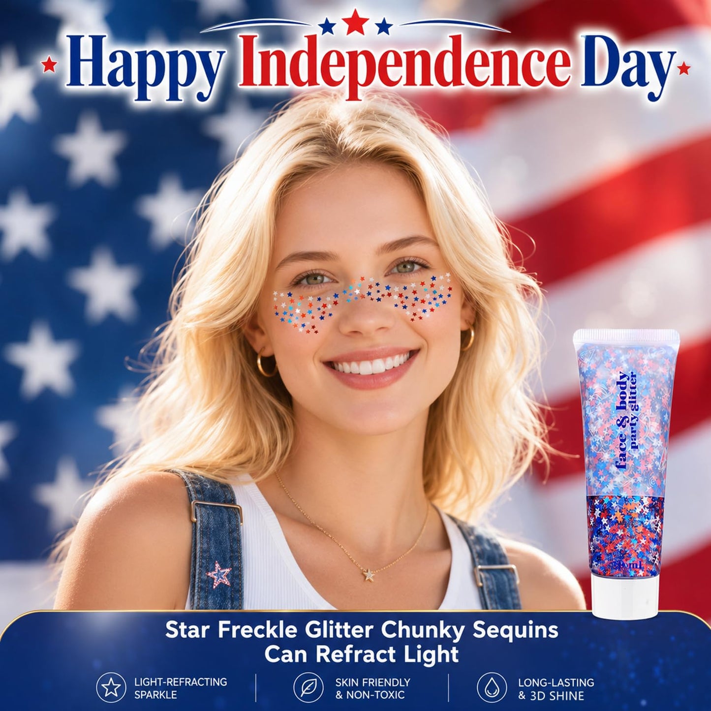 Go Ho 4th of July Accessories for Women Kids - Star Face Body Hair Glitter,Patriotic Red White and Blue Glitter Gel Sparkle Makeup for Independence Day 250 Anniversary USA