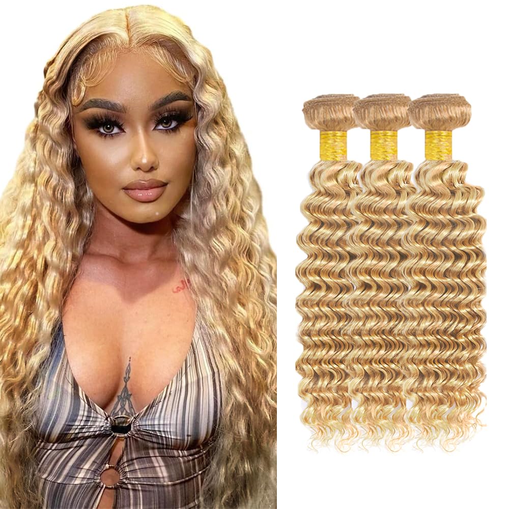 P27/613 Highlight Blonde Bundles Human Hair Honey Blonde Deep Wave Bundles 30 32 34 Inch 3 Bundle Unprocessed Brazilian Virgin Hair 50 Gram Per Bundle Deals Quick Weave Hair Extensions