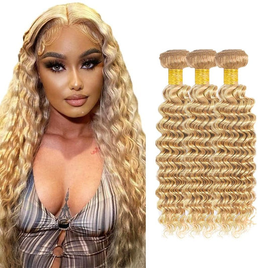 P27/613 Highlight Blonde Bundles Human Hair Honey Blonde Deep Wave Bundles 30 32 34 Inch 3 Bundle Unprocessed Brazilian Virgin Hair 50 Gram Per Bundle Deals Quick Weave Hair Extensions