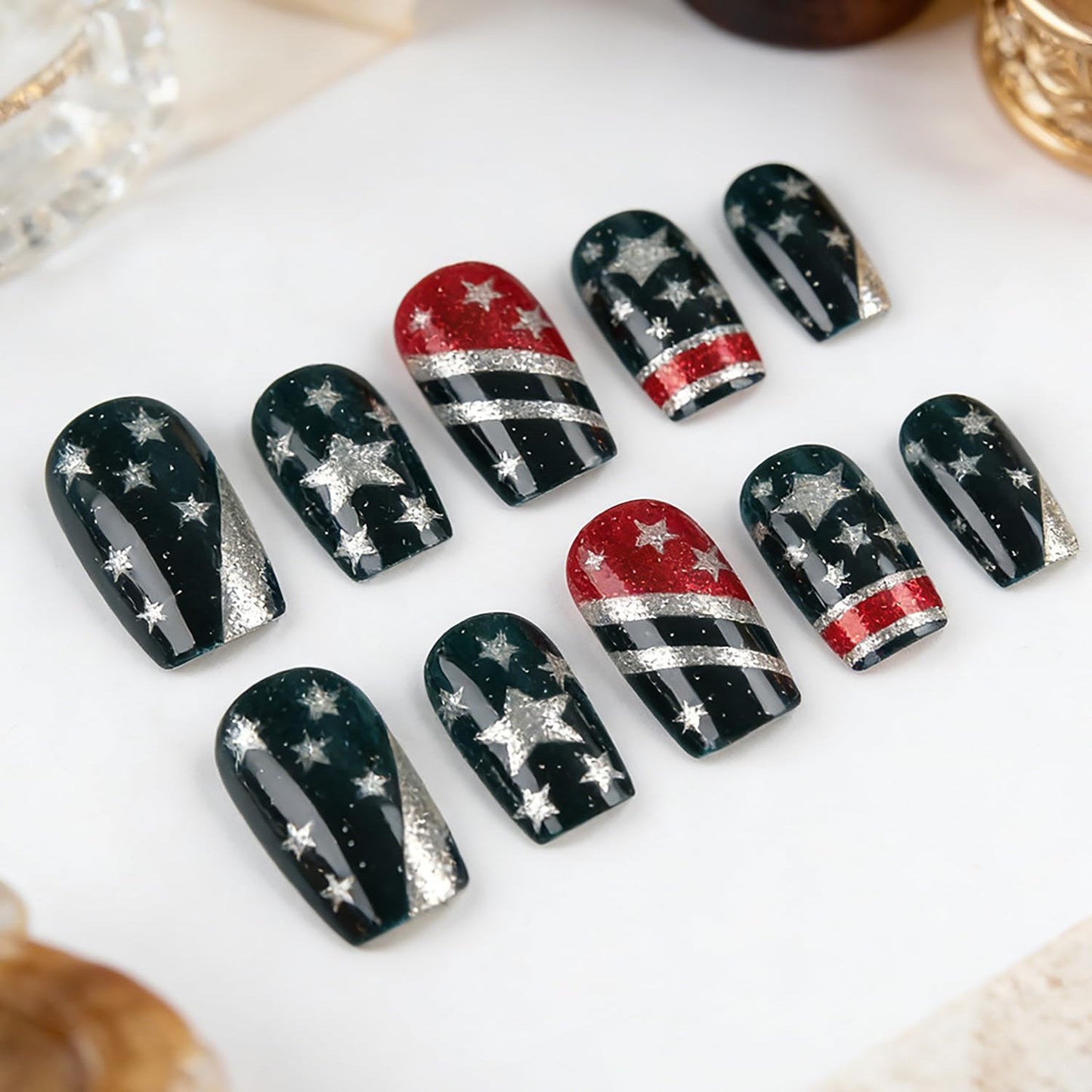 24Pcs 4th of July Press-On Nails - Medium Square Black American Flag Glitter Acrylic | Patriotic Full Cover Design