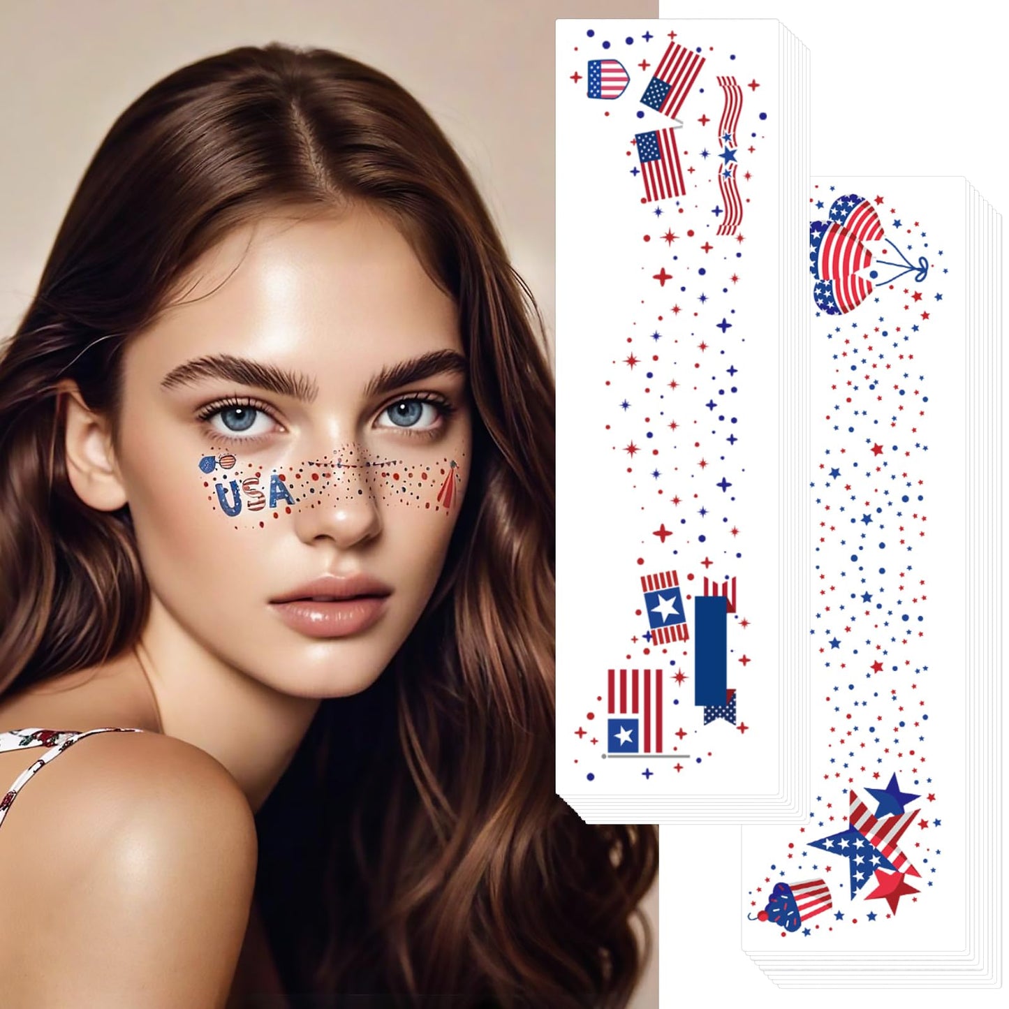 4th of July Glitter Freckles Face Tattoos, 18Pcs Independence Day Temporary Face Tattoos for Women and Girls, Patriotic Red White Blue Makeup Stickers for Memorial Day, Festival Party Decorations