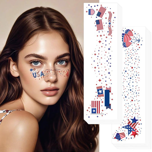 4th of July Glitter Freckles Face Tattoos, 18Pcs Independence Day Temporary Face Tattoos for Women and Girls, Patriotic Red White Blue Makeup Stickers for Memorial Day, Festival Party Decorations