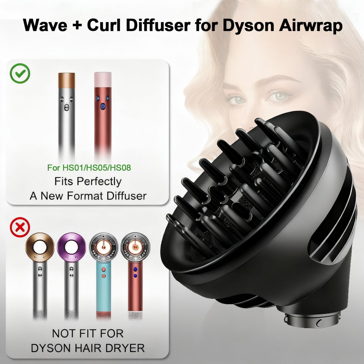 Wave Curl Diffuser Attachment for Dyson Airwrap - Extra-Large Design for Thick/Curly Hair | Heat-Safe Dome & Diffuse Modes