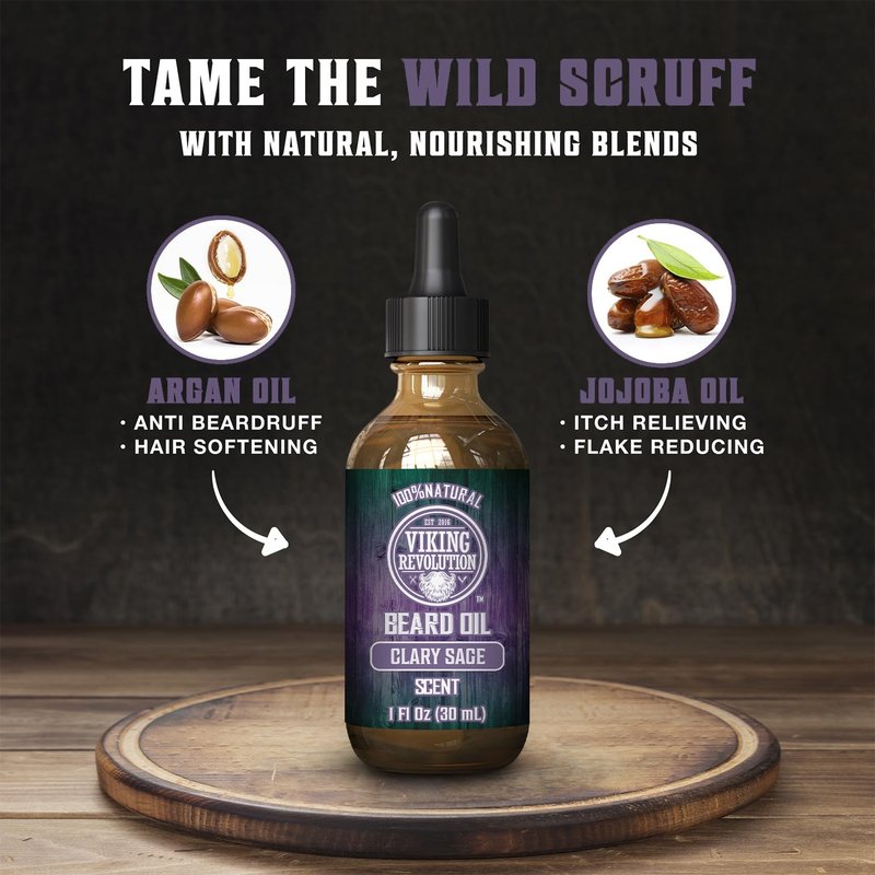 Viking Revolution Beard Oil with Clary Sage for Men - Natural Blend with Argan and Jojoba Oils for Softening, Strengthening, and Moisturizing