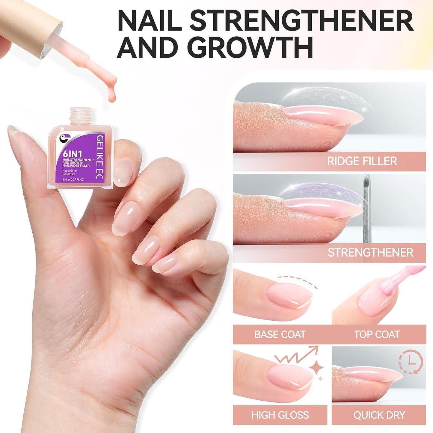 Nail Growth Strengthener - Gelike 6-in-1 Natural Hardener for Weak Nails | Nude Blush Color