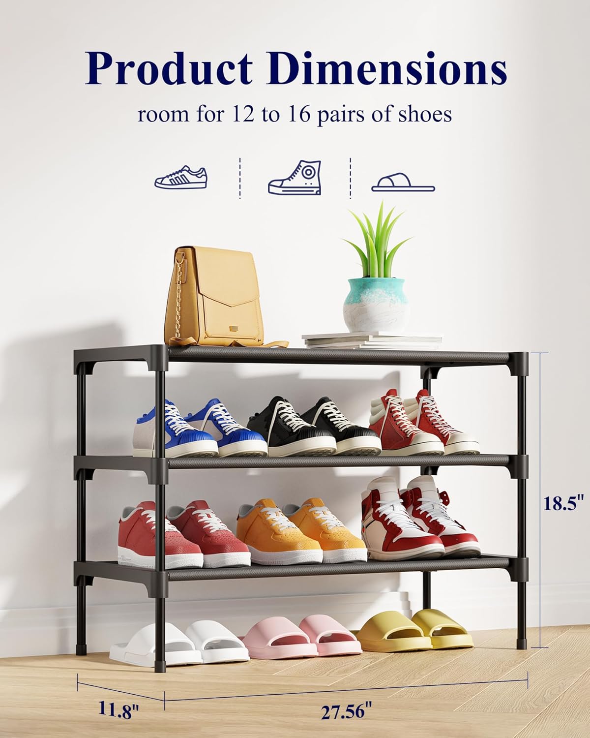 Kitsure Shoe Rack | Non-Woven 3-Tier Shoe Organizer for Closet & Entryway - 27.5" Wide, Black