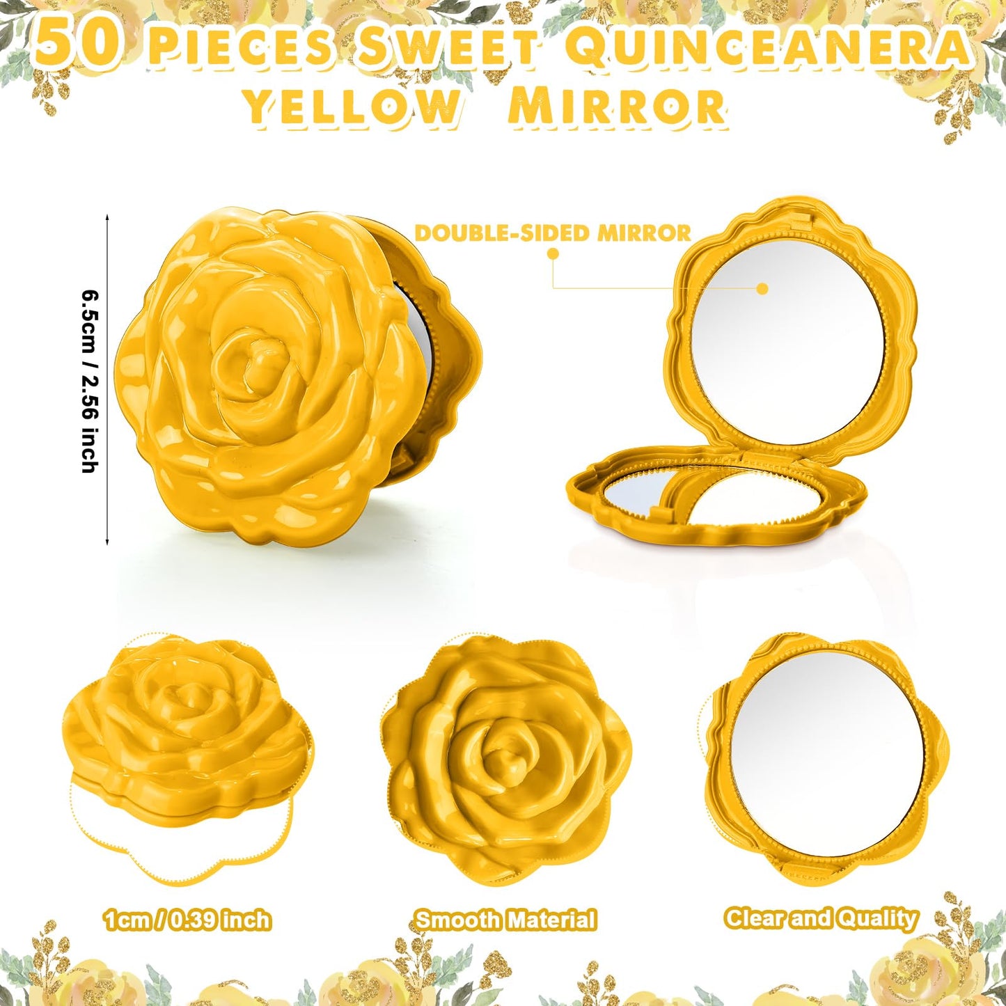 Wenqik 50 Sets Quinceanera Party Favors for Guests Rose Design Compact Pocket Mirrors Quinceanera Cards Thank You Gift and Organza Bags Birthday Party Favor (Gold)