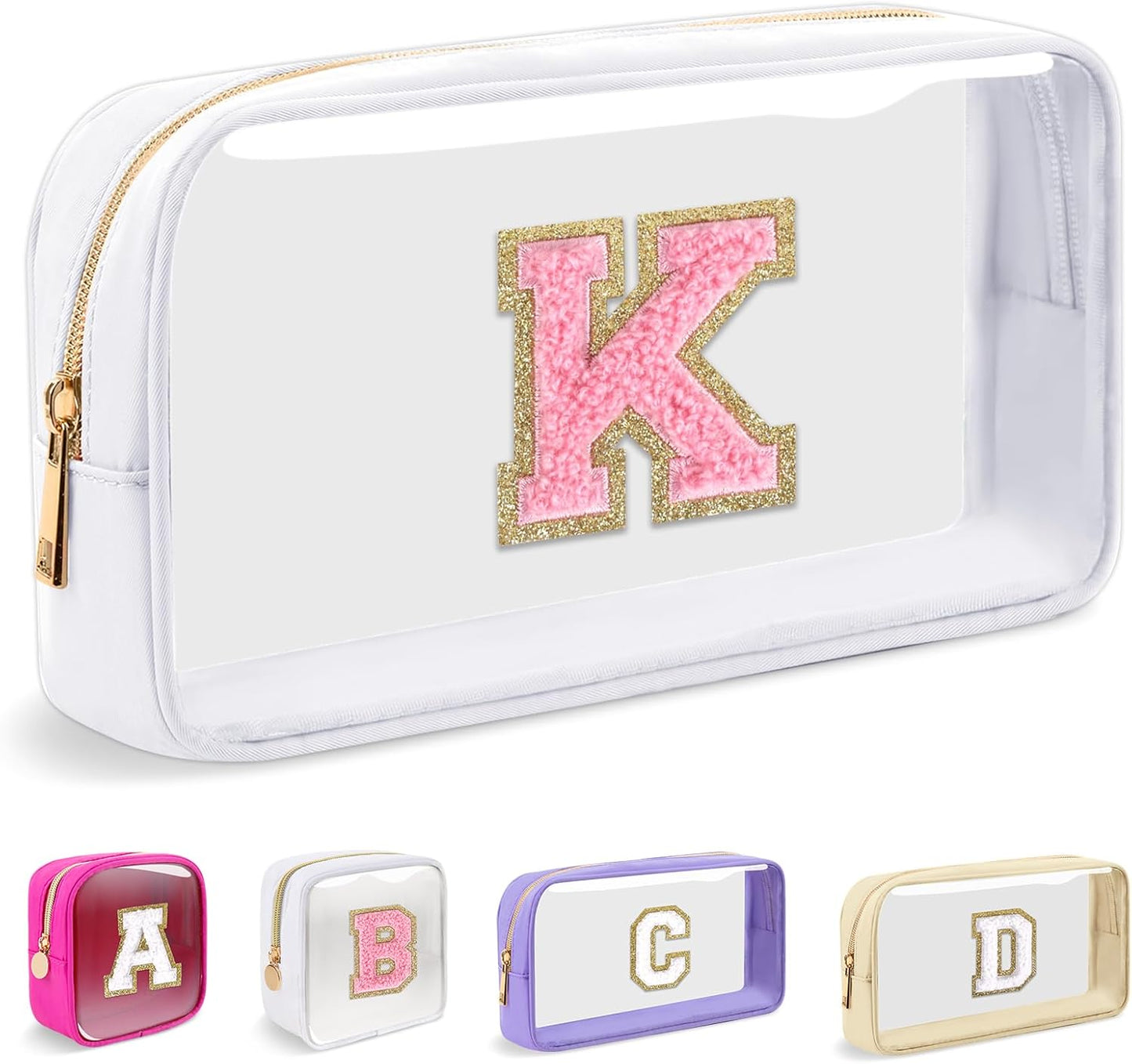 Personalized Initial Makeup Bag - Waterproof Nylon Cosmetic Pouch | A-Z Chenille Letter Patch, White-Pink G