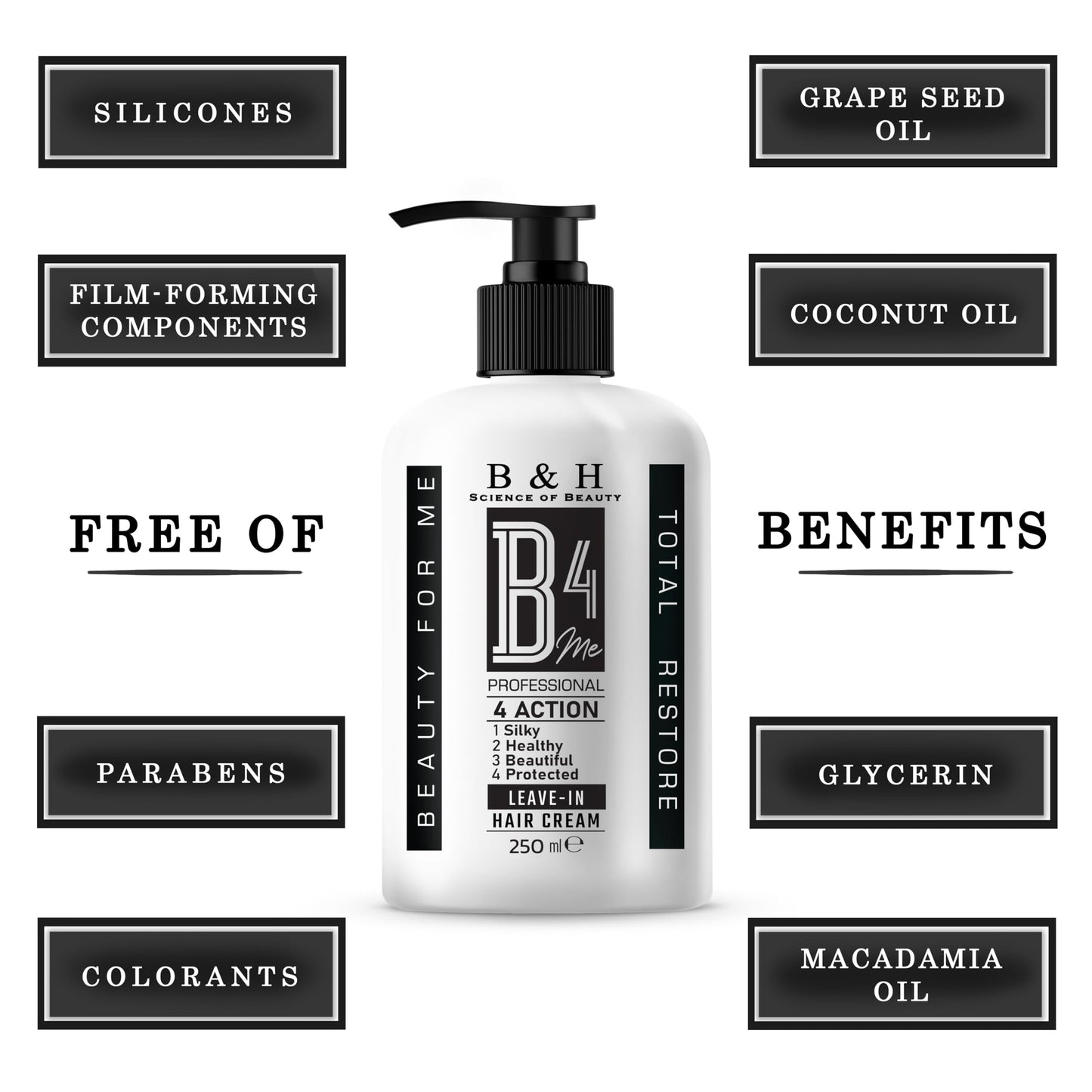 Leave-In Hair Cream by Beauty for Me – B4Me TOTAL RESTORE No-Rinse Repair & Softening Formula, 250ml / 8.45 fl oz