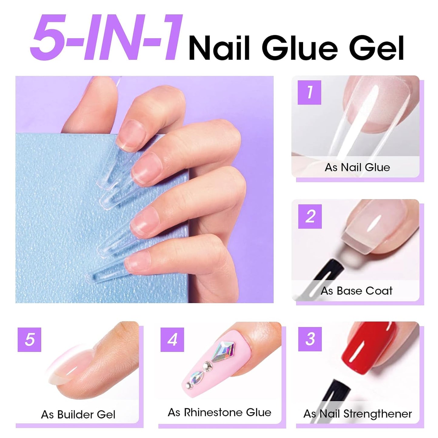 Gellen Nail Glue Gel - 5 in 1 UV Acrylic Nail Adhesive & No Wipe Top Coat | High Shine Finish for DIY Manicure
