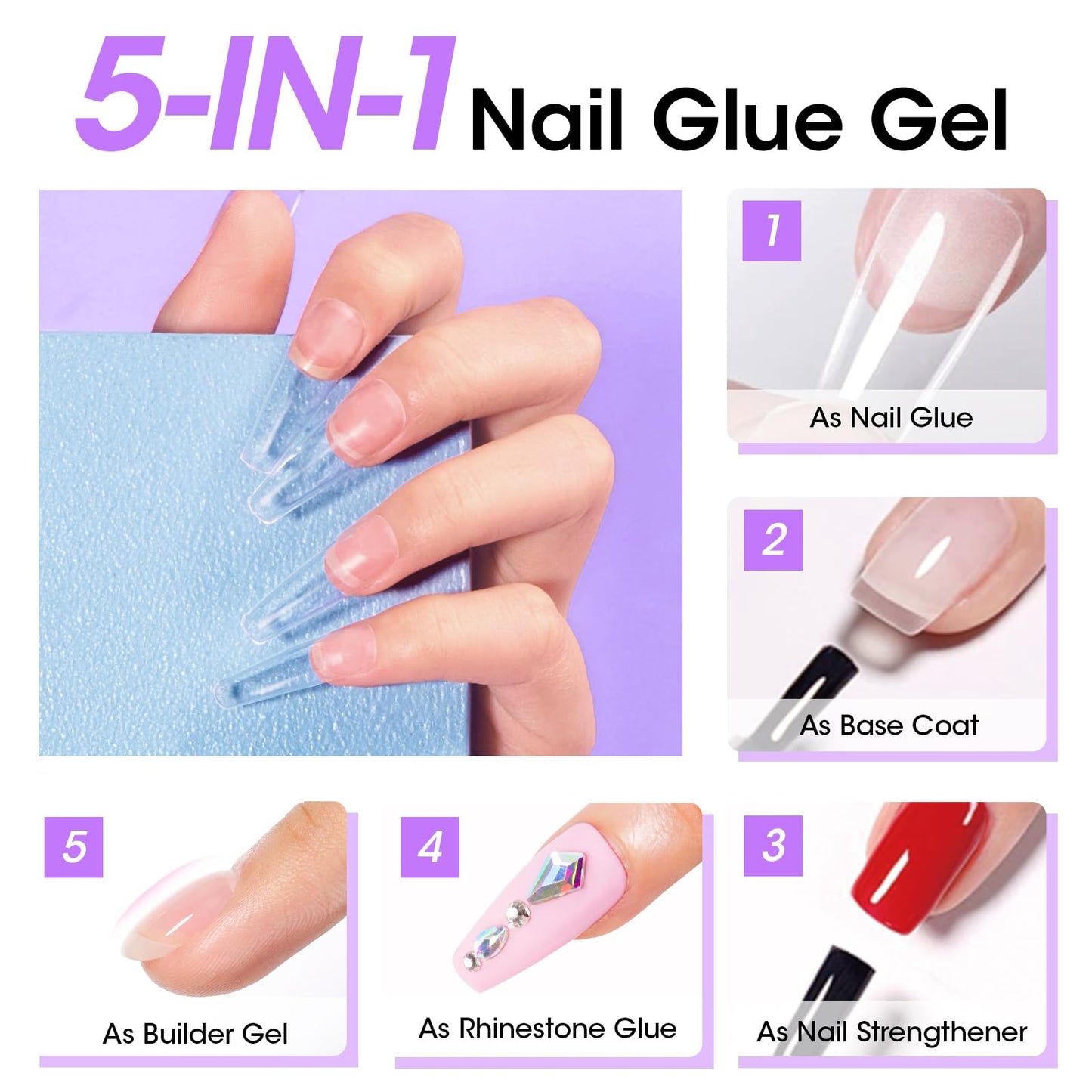 Gellen Nail Glue Gel & No Wipe Top Coat, 5 in 1 UV Nail Glue for Acrylic Nails, High Shiny Top Coat Gel, Curing Needed Extend Gel for False Tips & Clear Press on Nails, Home Salon DIY Manicure