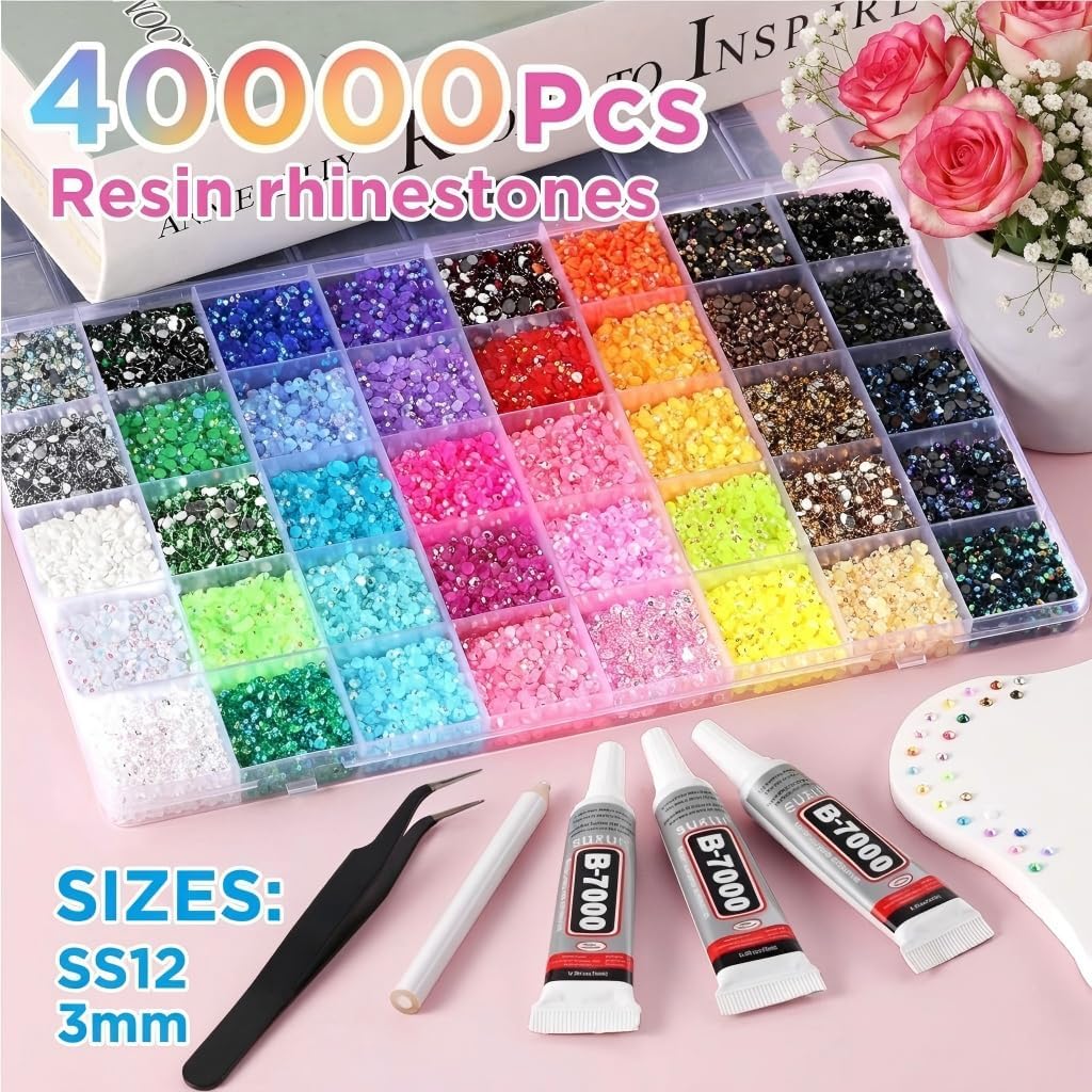 Resin Jelly Rhinestones Bedazzling Kit - 40,000 Pcs 3mm Sparkly Flatback Gems with Glue & Tools | Perfect for Nail Art, DIY Crafts, and More