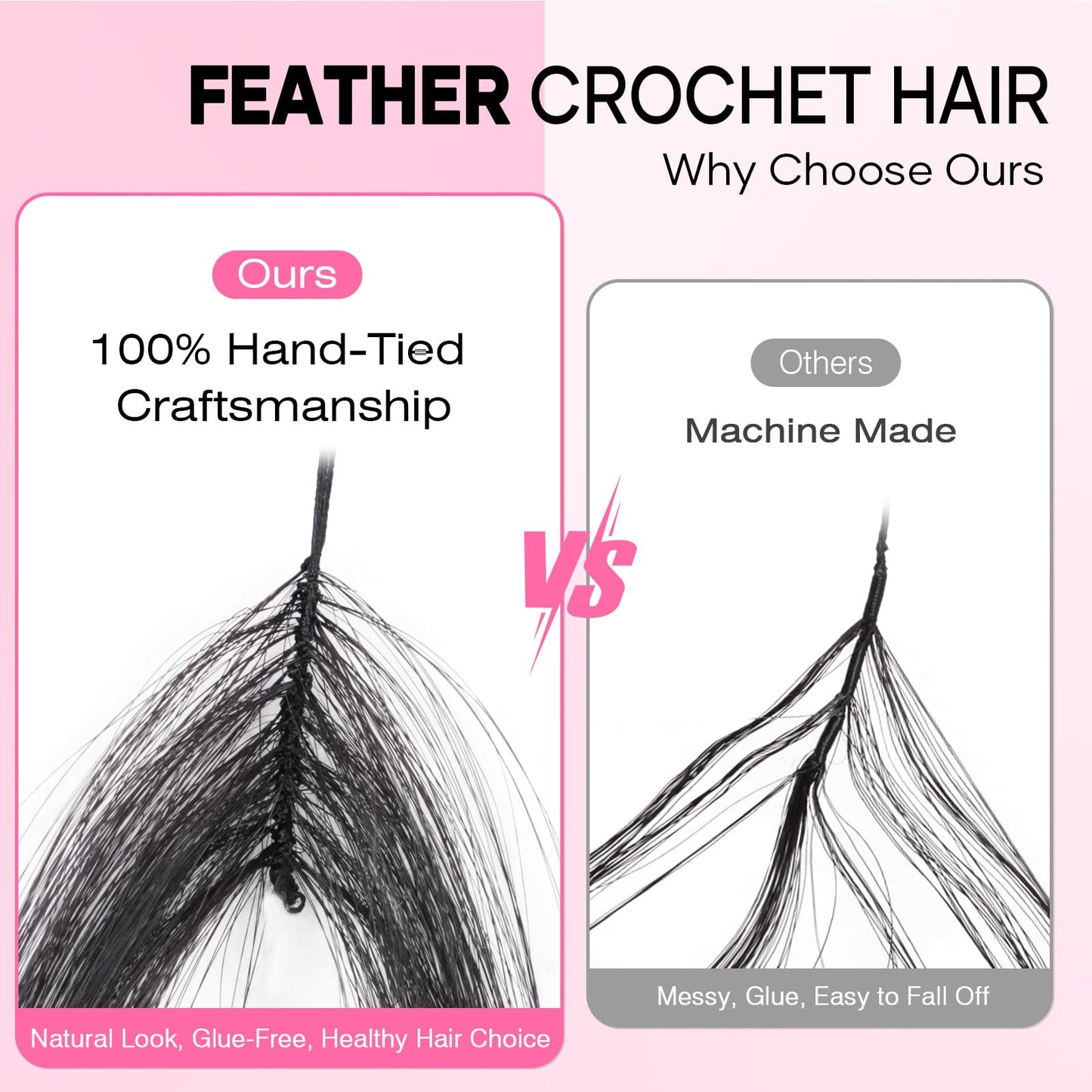 Miracle Knots Feather Crochet Hair (Deep Wave) - 20" Hand-Tied Synthetic Extensions, 100 Strands Soft Cotton Core Glue-Free Knotless Hair Pieces (Natural Black)
