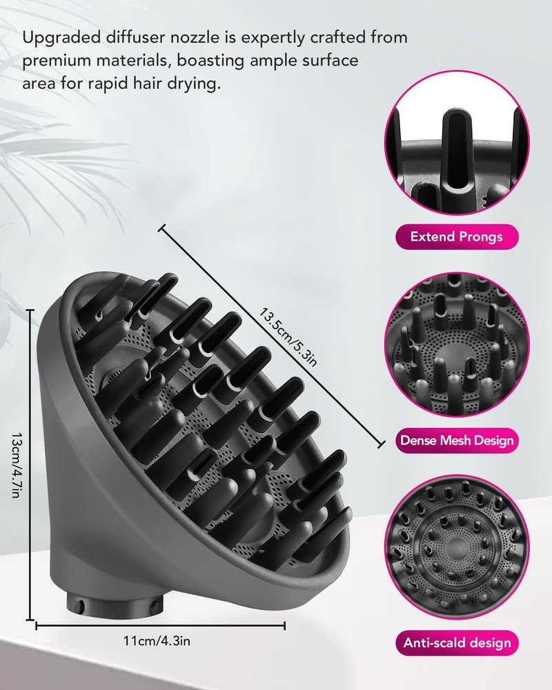 TOSAGE Upgraded Large Diffuser for Dyson Airwrap HS01 HS05 HS08 id, Diffuser Nozzle Attachment for Fast Drying Wave Curly Thick Hair, Gray