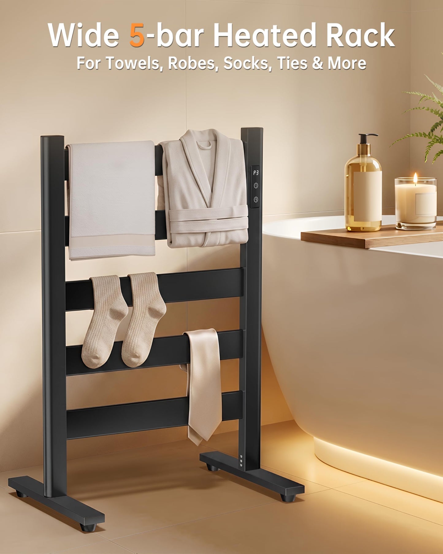 Sawlece Freestanding Towel Warmer – 5-Bar Heated Towel Rack with Timer & Adjustable Temperature, Space Aluminum, Rust-Resistant, Fast Heating in About 10 Minutes for Bathroom & Spa,Matte Black