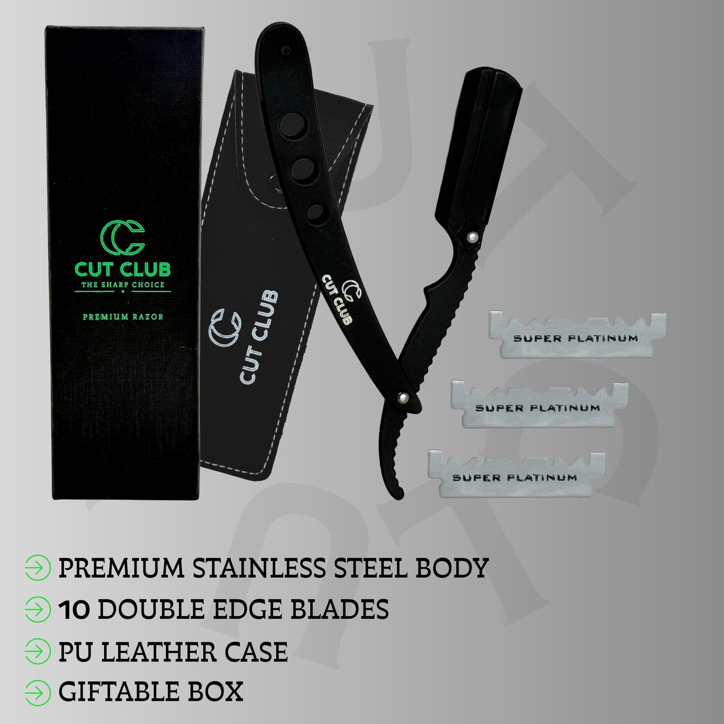 Cut Club® Professional Straight Razor for Men – Stainless Steel Barber Straight Edge Razor Kit with 10 Double Edge Blades, Navajas Para Barbero for Men’s Shaving, Giftable Box & Leather Pouch (Black)