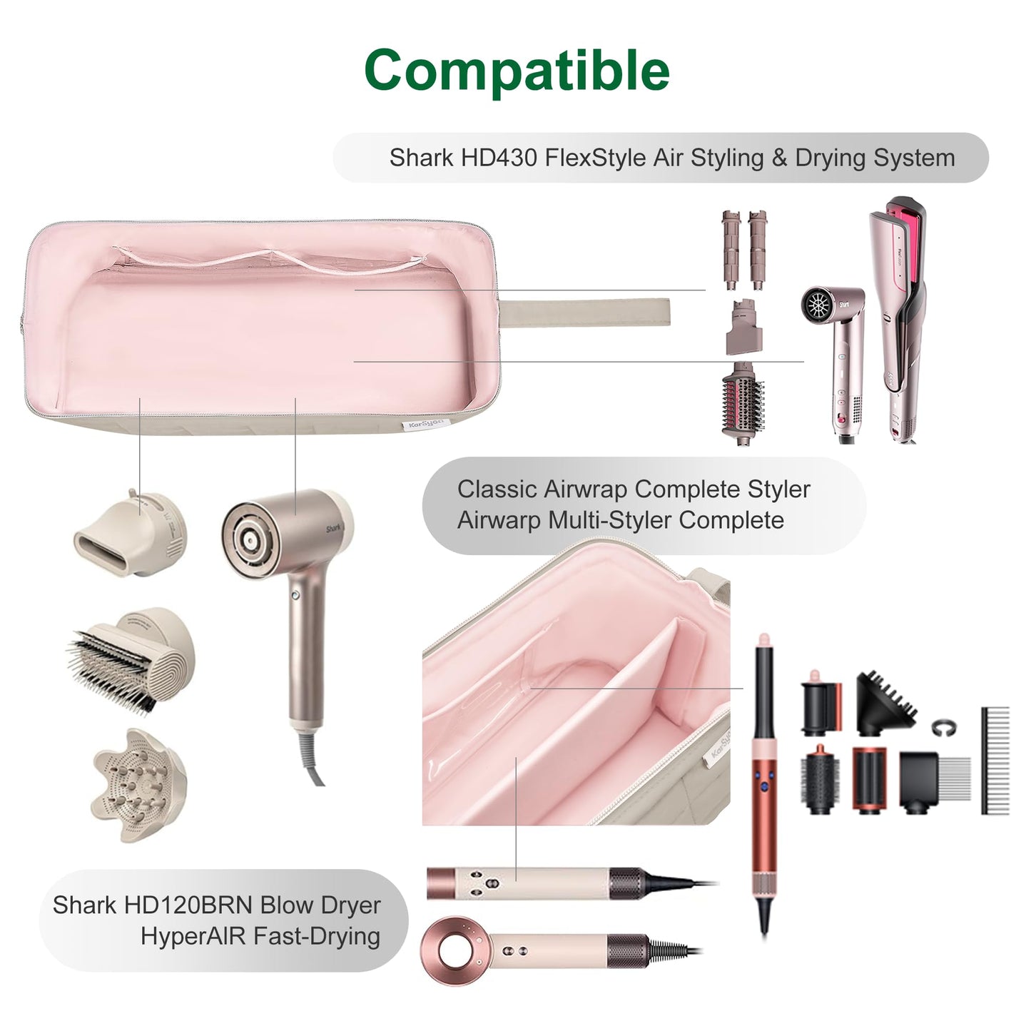 KarSyon Hair Tools Travel Bag Organizer for Dyson Airwrap Case Holder Shark Hair Dryer Flex Style Airstraight Brush Revlon Attachments Carrying Case Flat Curling Iron Bags (Camel)