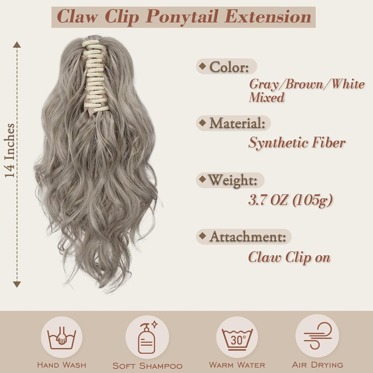 Claw Clip Ponytail Extensions - 14 Inch Short Wavy Gray Hairpiece for Women | Thick Synthetic Ponytail