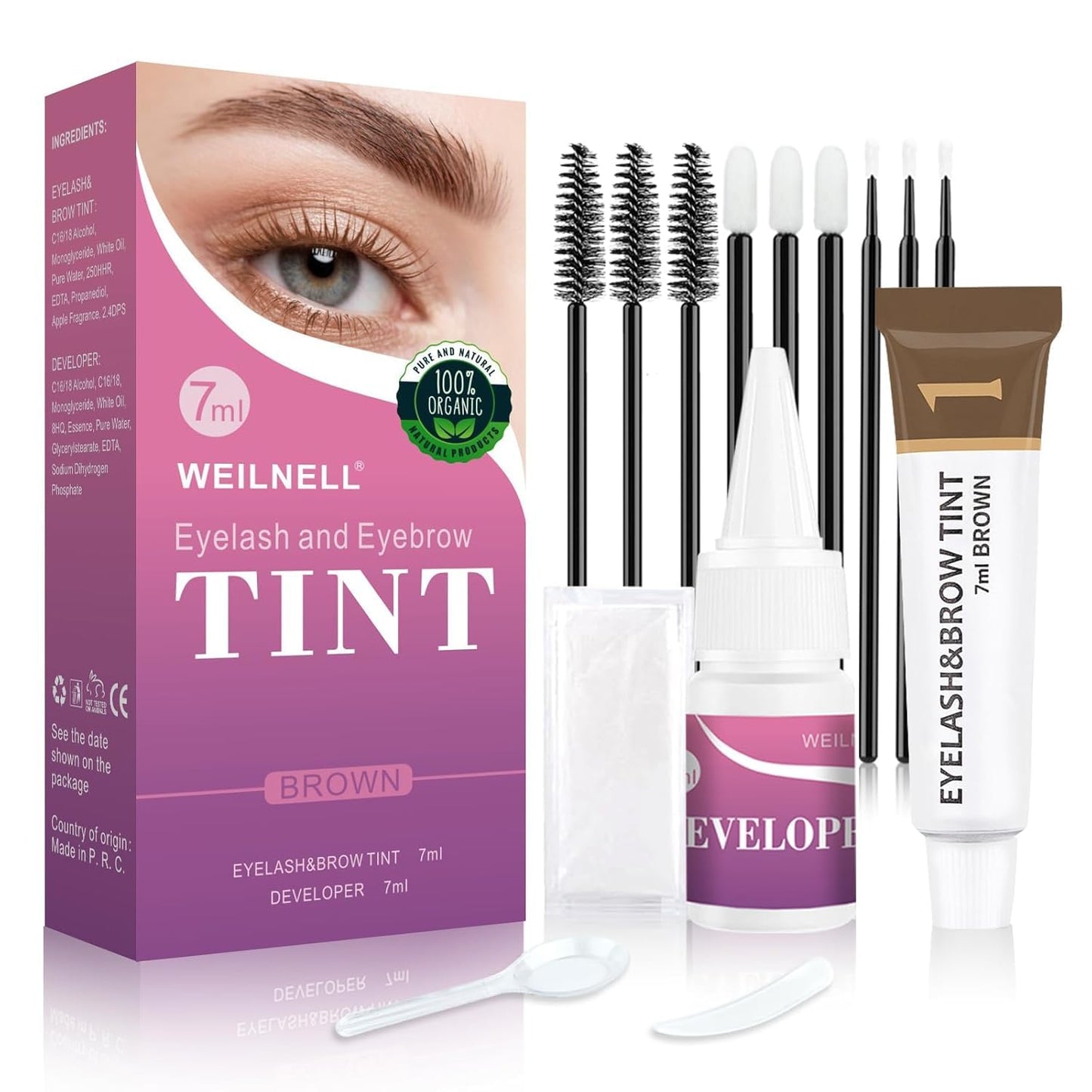WEILNELL Eyelash & Eyebrow Color Kit, Professional Instant Lash & Brow Color Kit, Easy to Use with Natural Results, DIY Hair Coloring Eye Brow & Eye Lash Set for Beginner Salon Beauty 7ml Light Brown