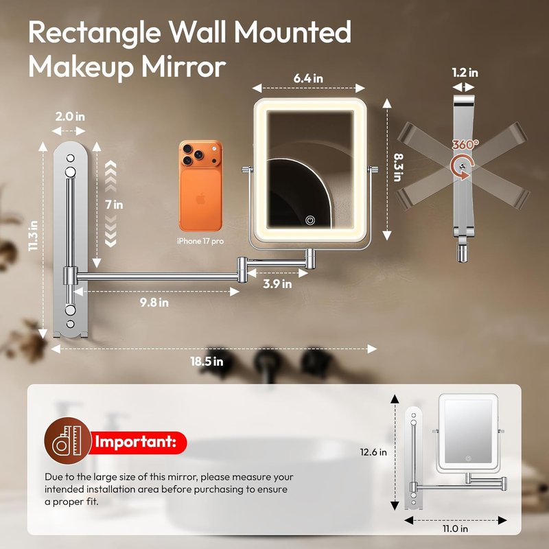 Height Adjustable Makeup Mirror - Lighted 10X Magnifying Design | 7in Slide Rail & 360° Extended Arm