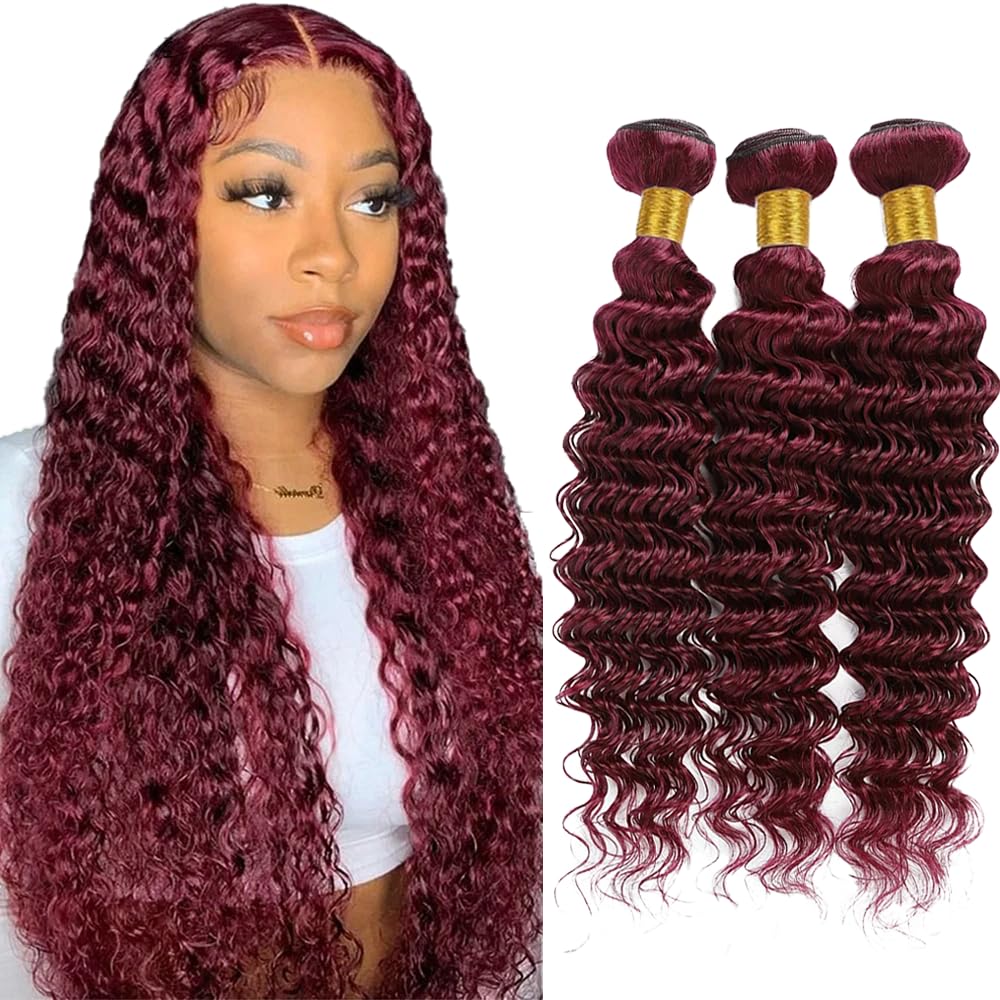 18 20 22 Inch #99J Burgundy Bundles Deep Wave Bundles Human Hair Wine Red Deep Wave Bundle Unprocessed Brazilian Virgin Weave Hair 3 Bundle 50 Gram Per Bundle for Black Women