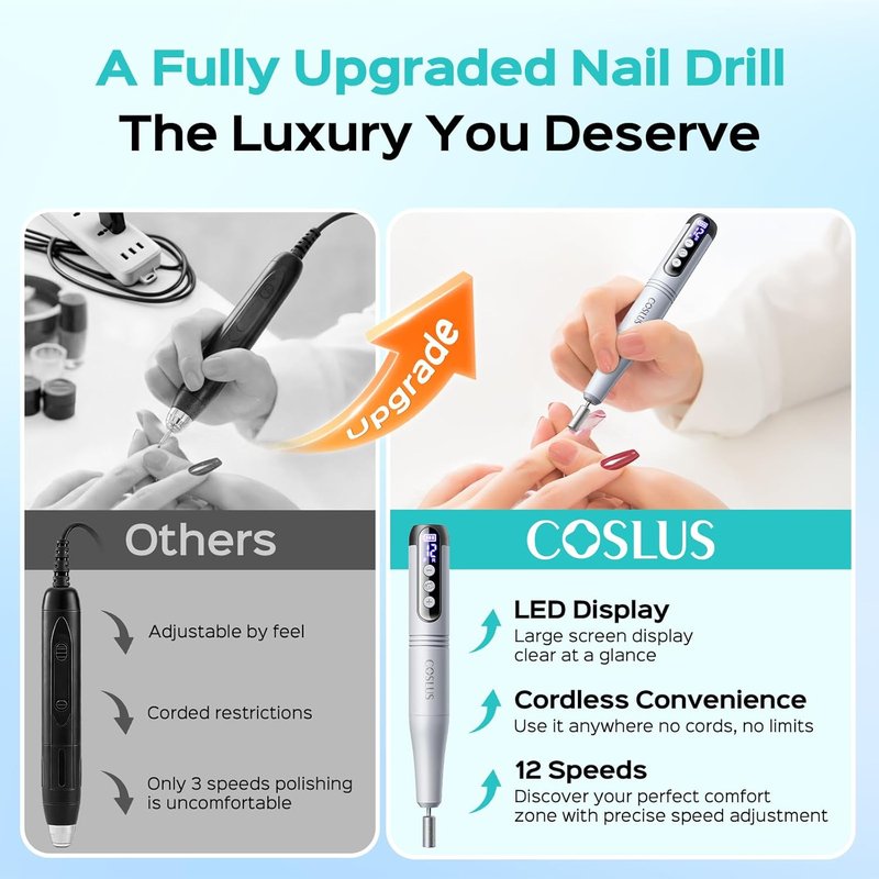 COSLUS Cordless Electric Nail Drill - 12-Speed Professional Nail File with LED Display | Grey, Perfect for Gel Removal & Nail Art