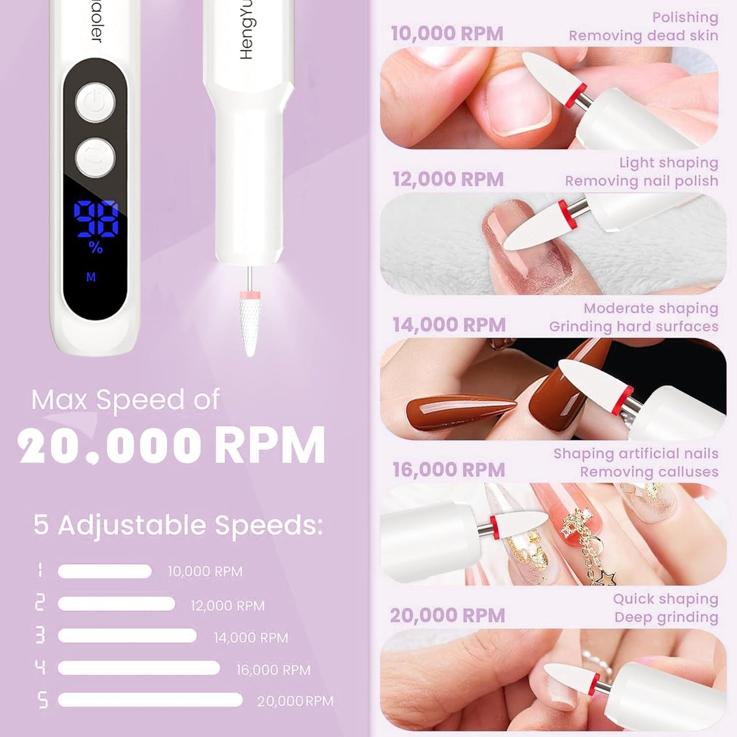 Cordless Electric Nail Drill - Professional 3 Speed Efile Kit for Acrylic & Gel Nails | USB Rechargeable, 20000 RPM, Pink