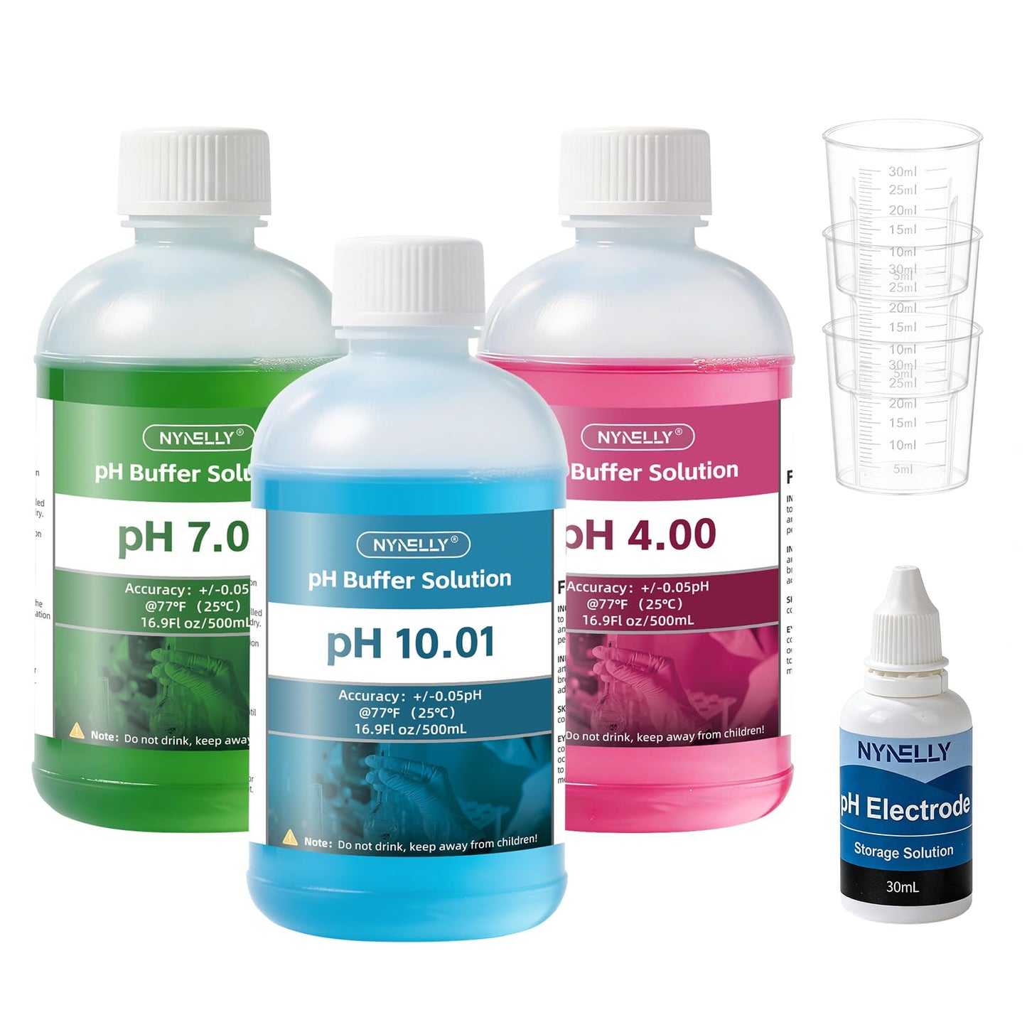 Nynelly pH Meter Calibration Buffer Solution Kit–4.00 7.00 10.01, Each 500ml(16.9fl oz) and 30ml KCL pH Probe Storage Solution for Precisely Calibrate pH Tester, 3 Beakers Included