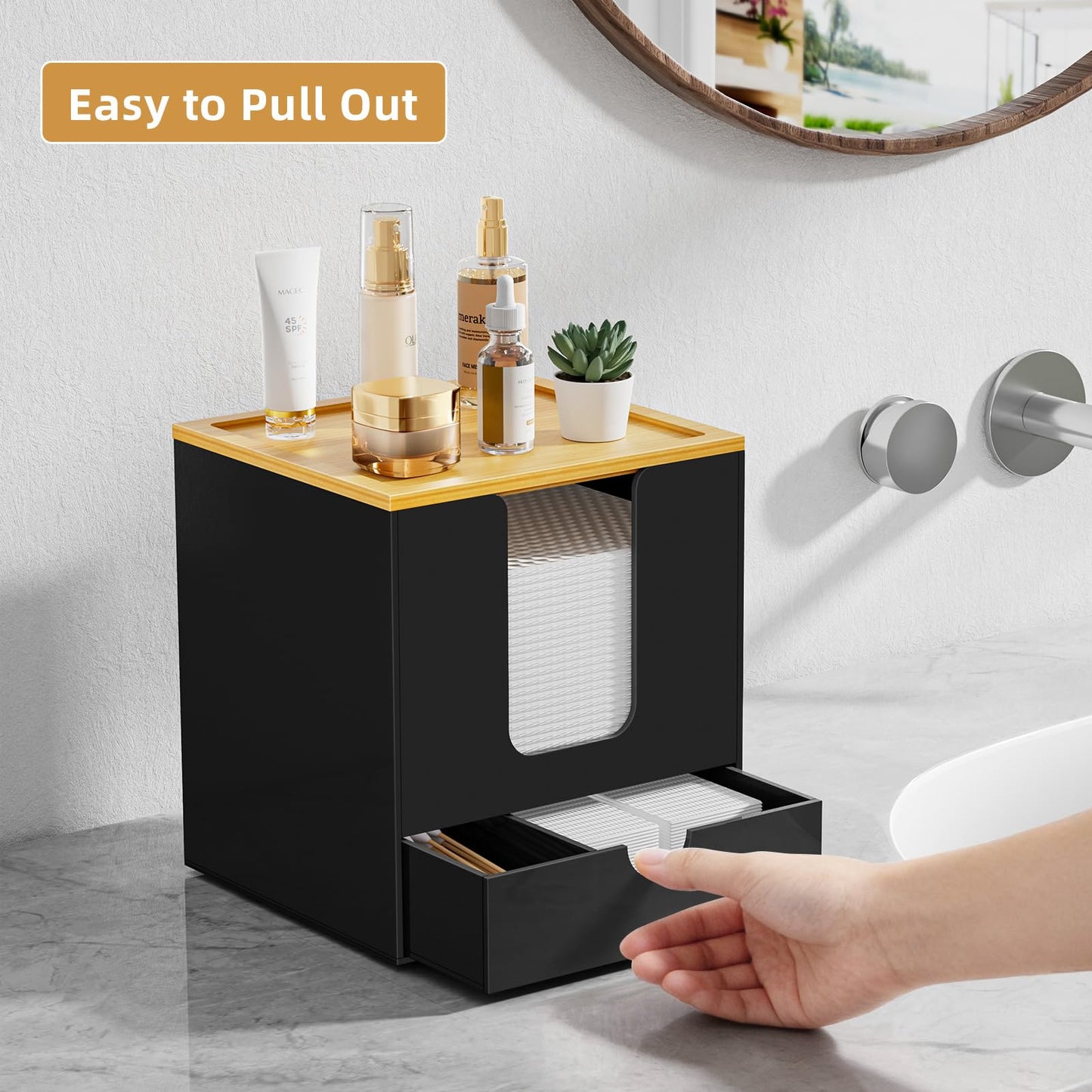 VITVITI Disposable Face Towel Holder for Clean Skin Club, Acrylic Bamboo Facial Towel Holder Box with Drawer, XL Face Towels Container for Bathroom Vanity Makeup, Black