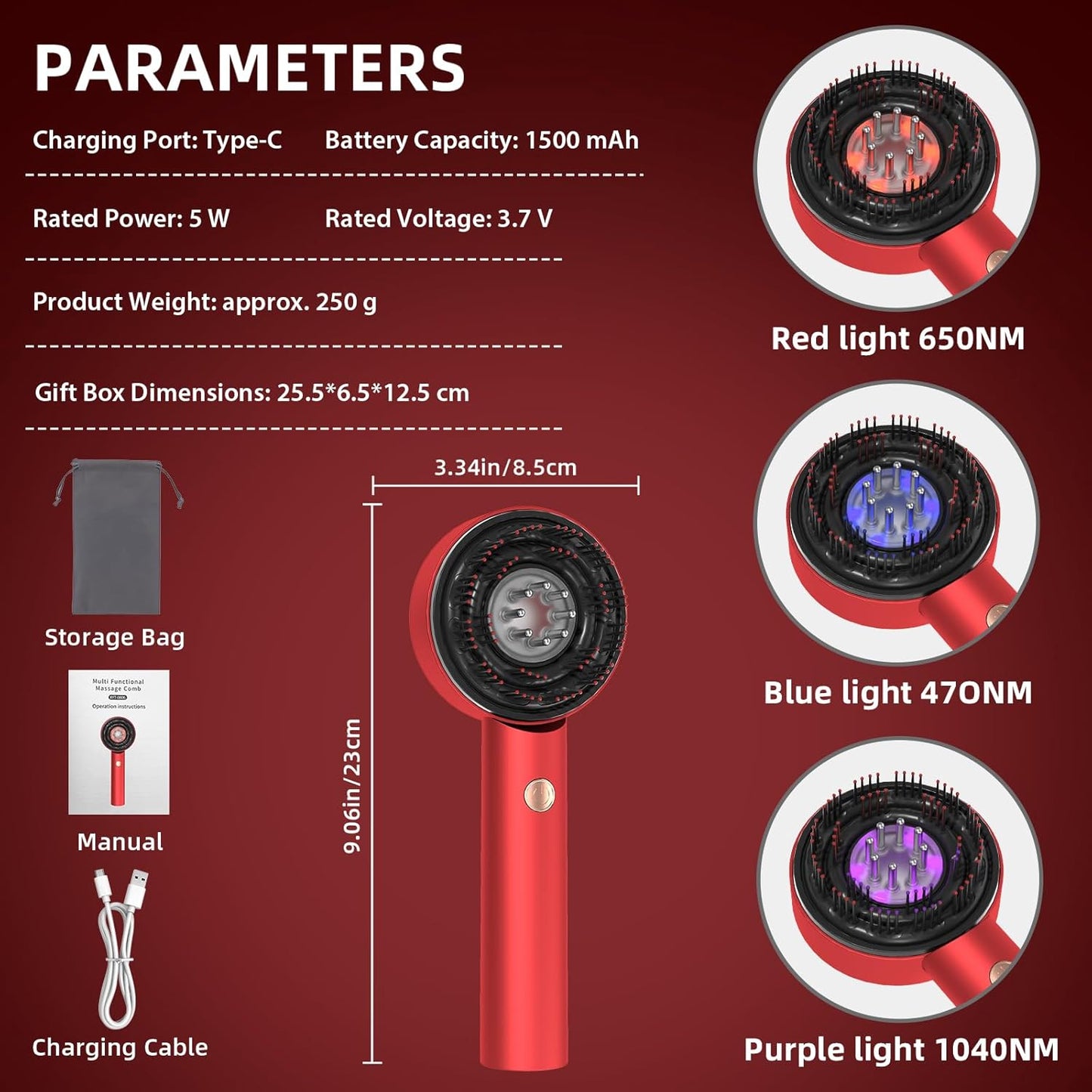 Electric Scalp Massager - 3 in 1 Hair Oil Applicator & Waterproof Brush | Cordless Portable Device for Hair Growth - Red